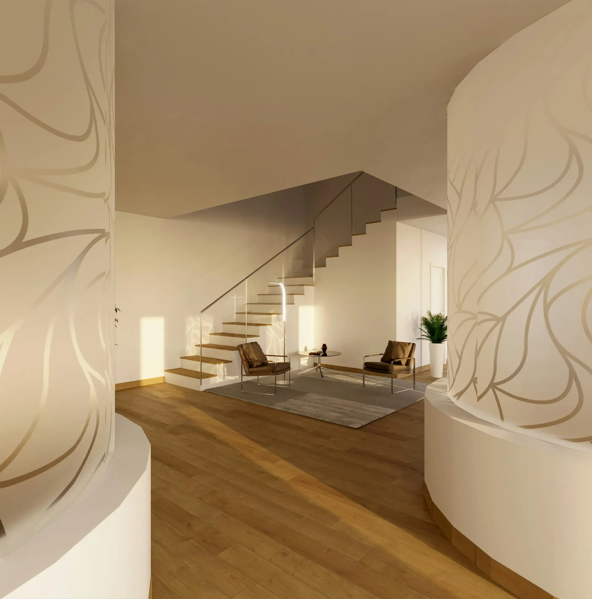 Bright interior hallway with oak flooring, curved white wall panels decorated with subtle abstract patterns