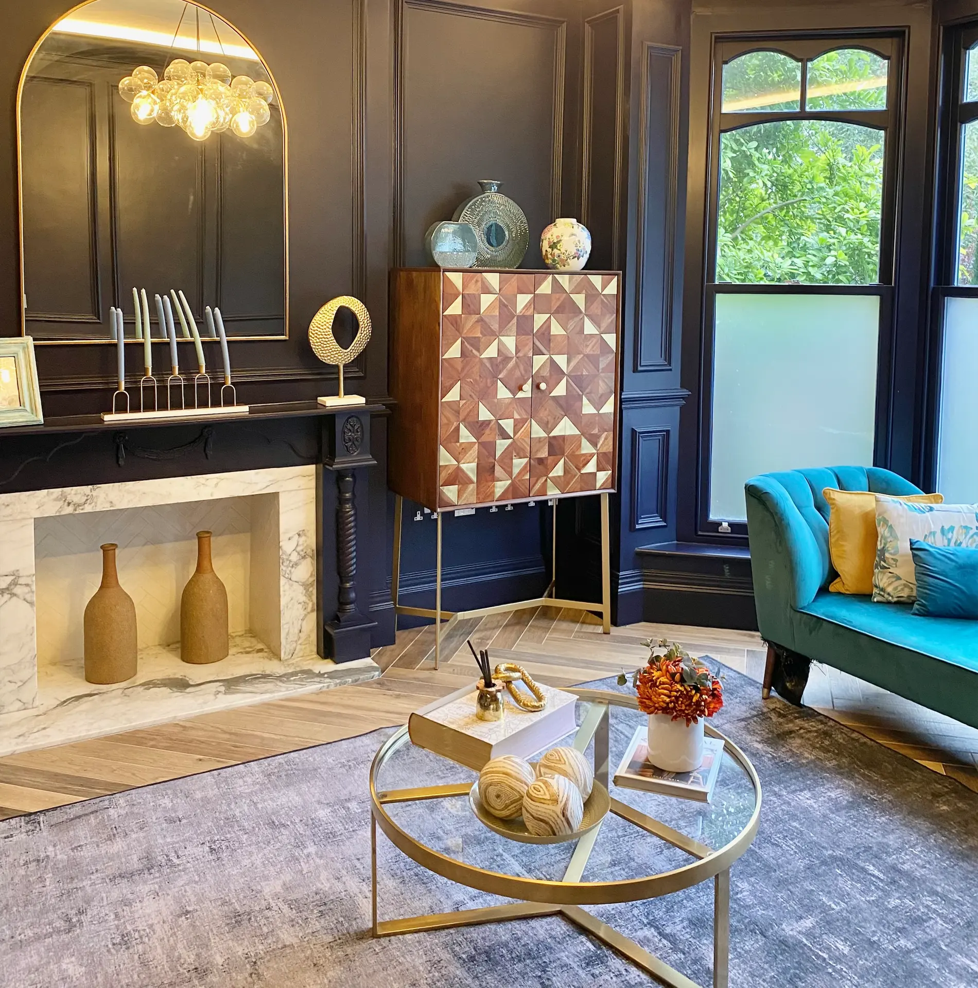 Sophisticated living room interior with dark paneled walls