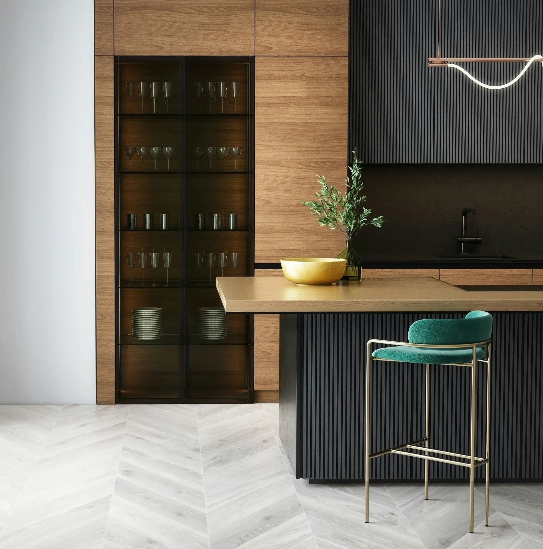 Contemporary kitchen interior featuring warm walnut-wood cabinetry